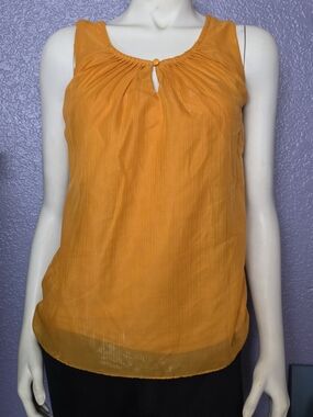 New York & Company Yellow Sleeveless Gathered Keyhole Tank